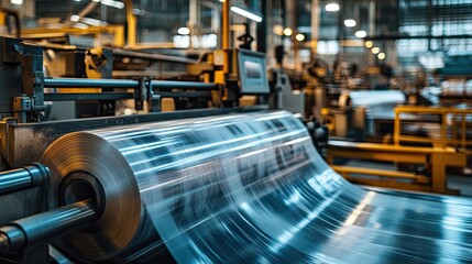 Rolls of plastic film are used on a printing press to create advertising banners and posters in a factory environment. 