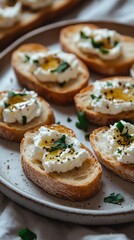 buttery crostini with ricotta and honey, placed on a rustic ceramic plate with subtle pastel tones, warm natural light creating soft depth 