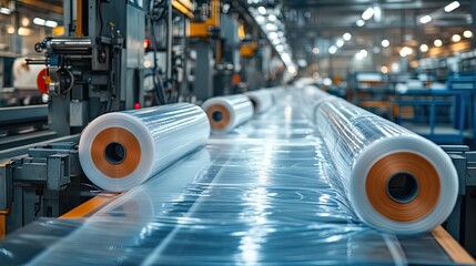 Rolls of plastic film are used on a printing press to create advertising banners and posters in a factory environment. 