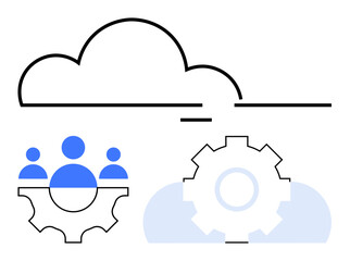 Cloud icon with human figures in a gear and mechanical cog, symbolizing teamwork, cloud computing, and system functionality. Ideal for technology, team management, workflow, data sharing, business