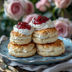 buttery scones with clotted cream and strawberry jam, elegantly placed on a pastel blue ceramic plate, fresh garden roses in the background, soft and airy aesthetic 