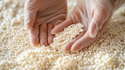 Rubber-gloved hands carefully hold small white beads above a textured white carpet scattered with larger acrylic powder granules.