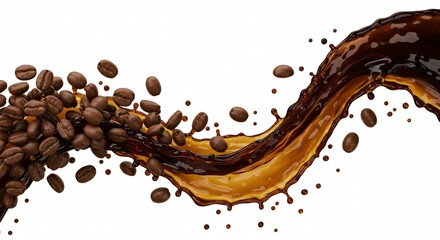 Coffee beans and liquid splash in a dynamic wave pattern against a white studio backdrop scene shot