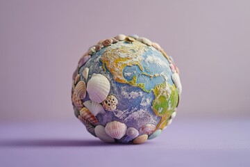 The earth globe is decorated with multiple attached sea shells