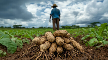 A farmer displays freshly dug peanuts with roots intact, standing in a field under a cloudy sky, highlighting farming efforts