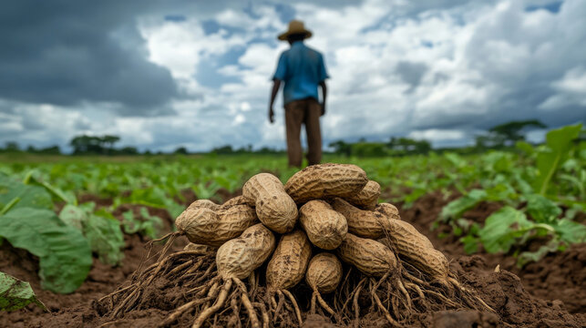 A farmer displays freshly dug peanuts with roots intact, standing in a field under a cloudy sky, highlighting farming efforts