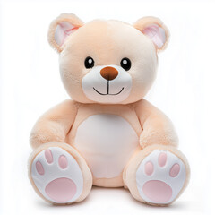 Soft beige teddy bear plush toy with pink paws on white background