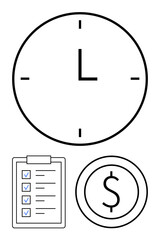 Clock with hour marks, checklist with marked tasks, and dollar coin outline representing time, productivity, and financial value. Ideal for planning, deadlines, organization, business efficiency