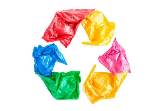 Colorful plastic waste arranged in a recycling symbol