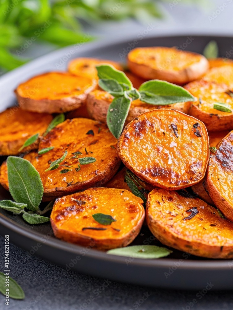 Poster plate of roasted sweet potatoes. the potatoes are orange in color and have a crispy texture. they ar