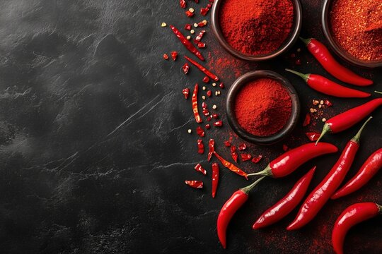 Fototapeta Red hot chili peppers and powder in bowls scattered on a dark background, view from above
