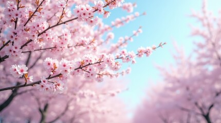 A scenic view of cherry blossoms in full bloom, delicate pink petals covering the branches, with a soft blue sky in the background, evoking the essence of spring