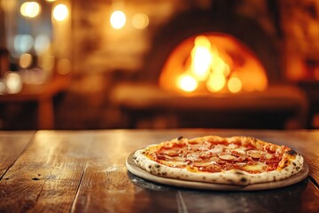 Delicious pepperoni pizza on a wooden table with a warm, glowing fireplace in the background