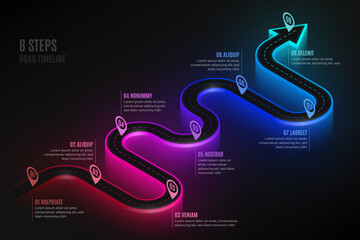 Isometric navigation map infographic 8 steps timeline concept.