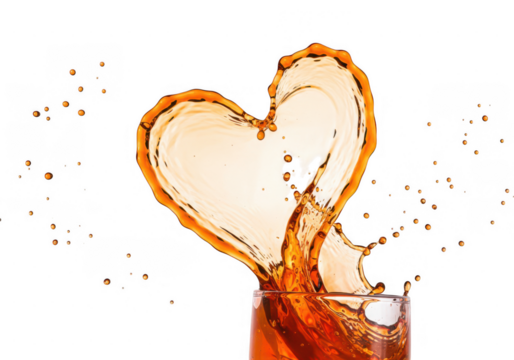 Heart shaped liquid splash in a glass against a white background with bokeh effect highlights