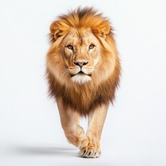Fototapeta premium Majestic Lion Walking Towards Camera on Plain Background with Focus on Bright Eyes and Flowing Mane