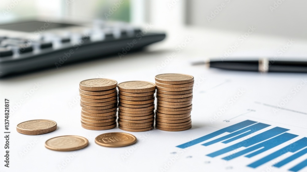 Poster stacks of coins on a desk with calculator and financial report showing growth and investment concept