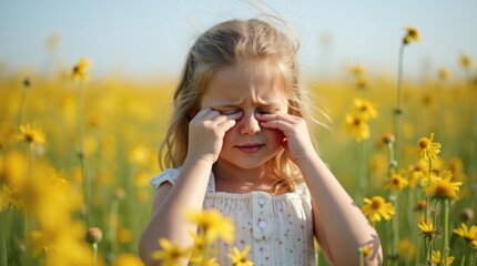 A young girl rubbing her red, watery eyes while standing in a field of wildflowers, struggling with pollen sensitivity on a windy day