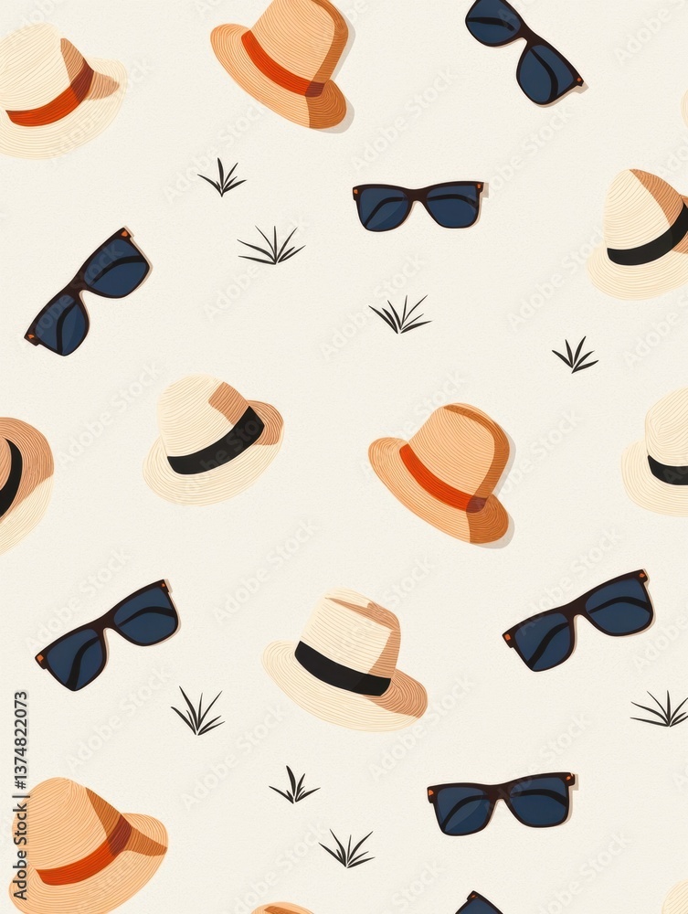 Poster seamless pattern with multiple hats and sunglasses scattered across a white background. the hats are