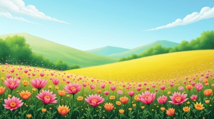 Fototapeta premium Blooming fields of vibrant wildflowers in pink and yellow, rolling green hills, bright blue sky, serene nature scene.