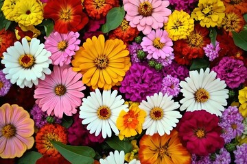 A Colorful Array of Zinnia Flowers in Full Bloom, Showing Vibrant Petals and Green Leaves