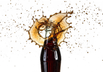 A bottle of dark soda with a splash of liquid against a dark background with pixelated effects