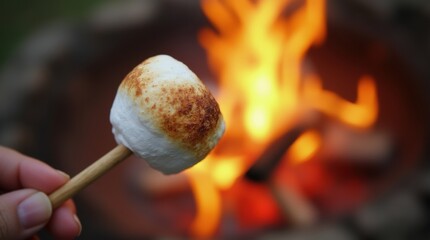 Close-up of perfectly toasted marshmallows on skewers, their golden crispy edges contrasting with soft melted interiors, held over flickering campfire flames at dusk