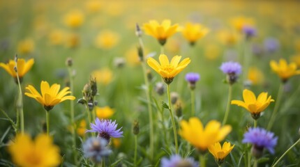 Obraz premium Close-up of a wildflower meadow with yellow and purple blooms, soft green stems