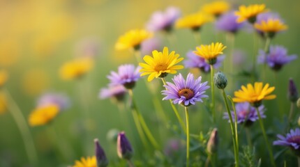Close-up of a wildflower meadow with yellow and purple blooms, soft green stems
