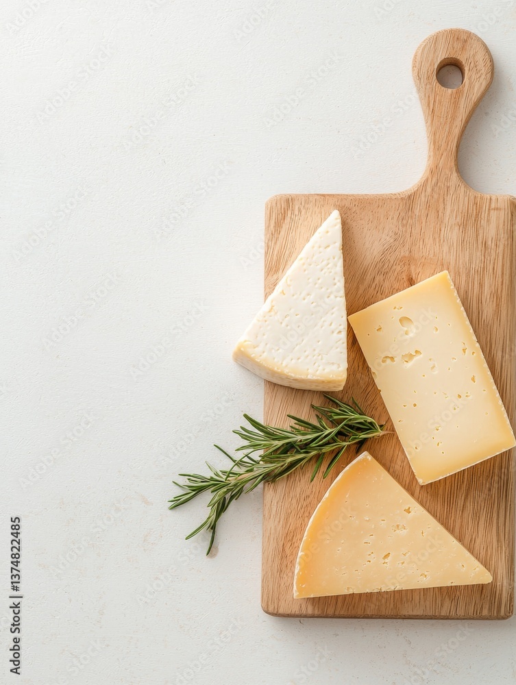 Poster wooden cutting board with three pieces of cheese on it. the cheese is arranged in a triangular forma