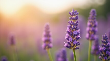 Obraz premium Close-up of vibrant lavender flowers in a sunlit field, with delicate petals and green stems sharply in focus