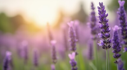 Fototapeta premium Close-up of vibrant lavender flowers in a sunlit field, with delicate petals and green stems sharply in focus