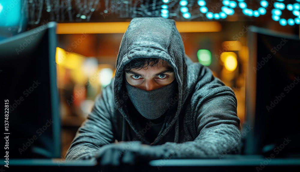 Leinwandbilder A person in a hooded sweatshirt focuses intently on computer screens in a dimly lit environment, symbolizing the serious threat of data breaches in the realm of cybersecurity.