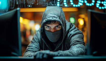 A person in a hooded sweatshirt focuses intently on computer screens in a dimly lit environment, symbolizing the serious threat of data breaches in the realm of cybersecurity.