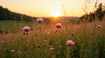 Obraz premium Vertical view of a wildflower meadow with pink and white flowers, distant forest, golden sunset, tranquil nature scene