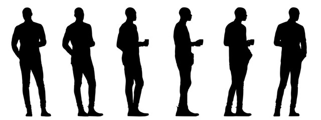 Vector concept conceptual black silhouette of a casually dressed men holding a cup in hand from different perspectives isolated on white background. A metaphor for taking a break, rest and relaxation