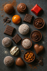 Assorted Gourmet Chocolates and Truffles on Dark Textured Background