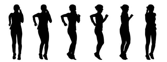 Vector concept conceptual black silhouette of a woman running from different perspectives isolated on white background. A metaphor for running, sport, training, exercise, fitness, health and lifestyle