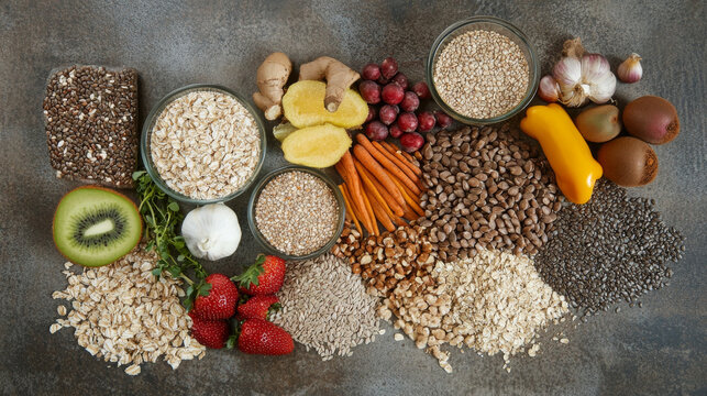 A variety of nutrient-rich foods including fruits, seeds, vegetables, and grains are displayed on a concrete background for clean eating inspiration