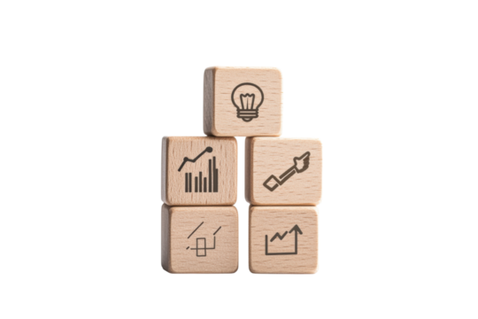 isolated transparent Background. Wooden blocks with business icons stacked creatively, symbolizing growth and innovation
