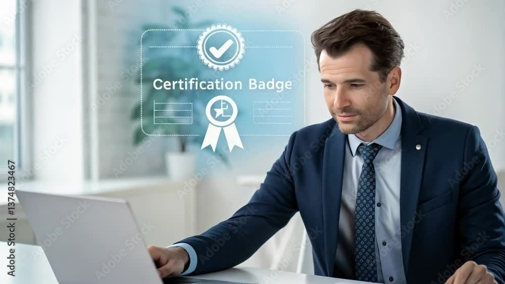 Poster man in suit at desk with laptop looking at certification badge graphic overlaying the screen area
