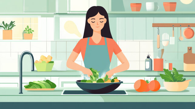 A woman washes vegetables at her kitchen counter while preparing a vegan salad, showcasing clean eating at home