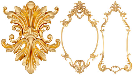 Gold ornament on transparent background, cut out, 3D render