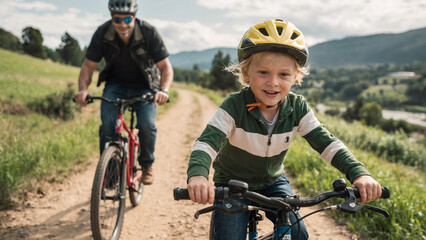 A dad and his child pedal fast on bikes, faces set with determination on a sunny trail.