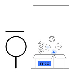 Free box releasing app icons and digital tools, accompanied by a magnifying glass for exploration. Ideal for technology, free resources, search, discovery, innovation, accessibility simplicity. Flat