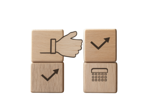 isolated transparent Background. Wooden blocks with check marks and thumbs up symbolize success and approval in business