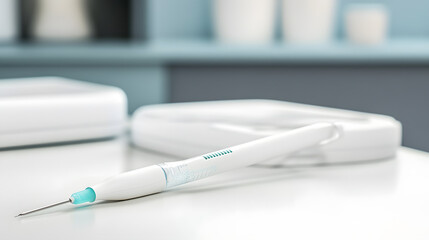 sleek white dental tool with fine tip rests on clean surface, suggesting modern and hygienic dental environment. background is softly blurred, emphasizing tool precision