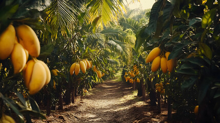 lush tropical mango plantation with ripe golden mangoes hanging from trees, creating vibrant and abundant scene. Sunlight filters through leaves, enhancing tropical atmosphere