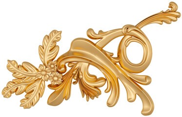 Gold ornament on transparent background, cut out, 3D render
