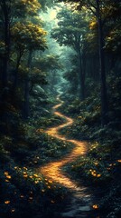 Obraz premium Winding Path Through Lush Forest with Soft Light and Vibrant Foliage